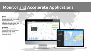 Monitor and Accelerate Applications
Monitor
Start by monitoring the end user
experience, whether this involves
business transactions,
applications, services, networks,
databases, servers, storage, or a
combination of these factors.
Accelerate
Speed up your applications
through automated acceleration
solutions to make pages
load faster and documents
download quicker.
 