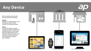 BANK
Any Device
We have solutions which work
with any frontend technology.
Desktop
Whether it is a Web Browser, Citrix
or Windows client, we have
solutions to track performance.
Mobile
The growth of Apps accessed
through smartphones, tablets and
wearable devices in recent years
has been phenomenal. We can
help track when these apps crash
or perform slowly so that App
Store ratings and revenues
aren’t affected.
 