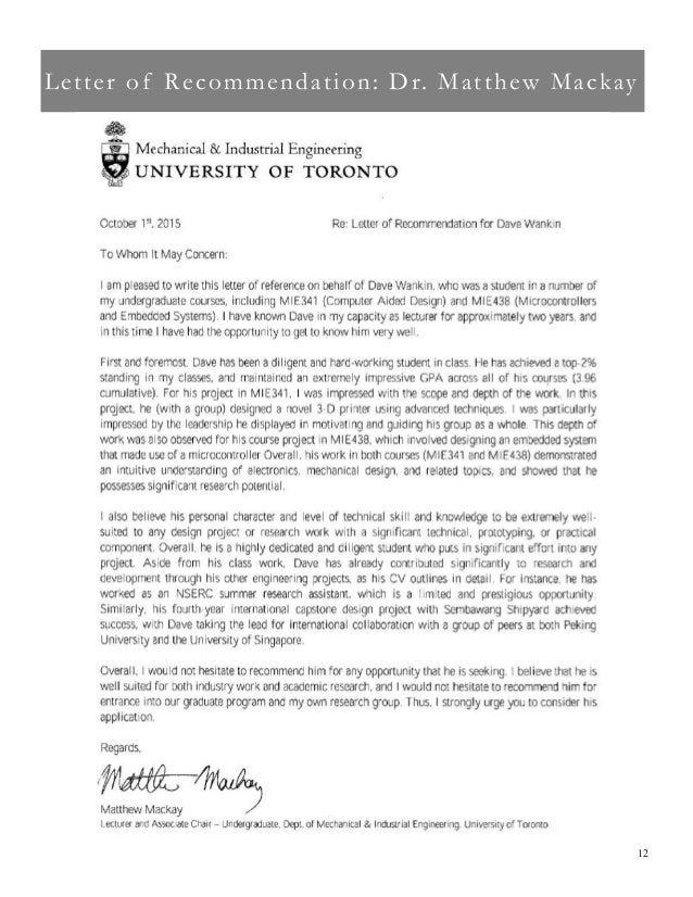 university of toronto recommendation letter undergraduate letter of recommendation for undergraduate admission