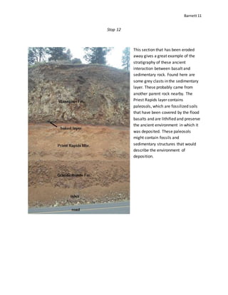 Barnett11
Stop 12
This section that has been eroded
away gives a great example of the
stratigraphy of these ancient
interaction between basalt and
sedimentary rock. Found here are
some grey clasts in the sedimentary
layer. These probably came from
another parent rock nearby. The
Priest Rapids layer contains
paleosols, which are fossilized soils
that have been covered by the flood
basalts and are lithified and preserve
the ancient environment in which it
was deposited. These paleosols
might contain fossils and
sedimentary structures that would
describe the environment of
deposition.
 