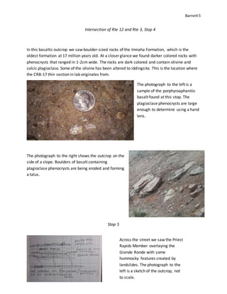 Barnett5
Intersection of Rte 12 and Rte 3, Stop 4
In this basaltic outcrop we saw boulder-sized rocks of the Imnaha Formation, which is the
oldest formation at 17 million years old. At a closer glance we found darker colored rocks with
phenocrysts that ranged in 1-2cm wide. The rocks are dark colored and contain olivine and
calcic plagioclase. Some of the olivine has been altered to iddingsite. This is the location where
the CRB-17 thin section in lab originates from.
The photograph to the left is a
sample of the porphyroaphanitic
basalt found at this stop. The
plagioclase phenocrysts are large
enough to determine using a hand
lens.
The photograph to the right shows the outcrop on the
side of a slope. Boulders of basalt containing
plagioclase phenocrysts are being eroded and forming
a talus.
Stop 5
Across the street we saw the Priest
Rapids Member overlaying the
Grande Ronde with some
hummocky features created by
landslides. The photograph to the
left is a sketch of the outcrop, not
to scale.
 