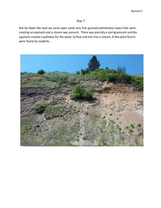 Barnett7
Stop 7
Not far down the road we came upon some very fine-grained sedimentary layers that were
creating an aquitard and a stream was present. There was possibly a spring present and the
aquitard created a pathway for the water to flow and exit into a stream. A few plant fossils
were found by students.
 