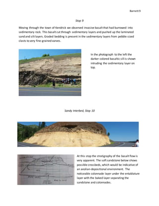 Barnett9
Stop 9
Moving through the town of Kendrick we observed invasive basalt that had burrowed into
sedimentary rock. This basalt cut through sedimentary layers and pushed up the laminated
sand and silt layers. Graded bedding is present in the sedimentary layers from pebble sized
clasts to very fine-grained varves.
Sandy Interbed, Stop 10
At this stop the stratigraphy of the basalt flow is
very apparent. The soft sandstone below shows
possible crossbeds, which would be indicative of
an aeolian-depositional environment. The
noticeable colonnade layer under the entablature
layer with the baked layer separating the
sandstone and colonnades.
In the photograph to the left the
darker colored basaltic sill is shown
intruding the sedimentary layer on
top.
 