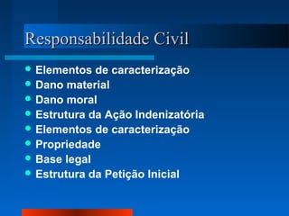 Responsabilidade Civil
 Elementos  de caracterização
 Dano material
 Dano moral
 Estrutura da Ação Indenizatória
 Elementos de caracterização
 Propriedade
 Base legal
 Estrutura da Petição Inicial
 