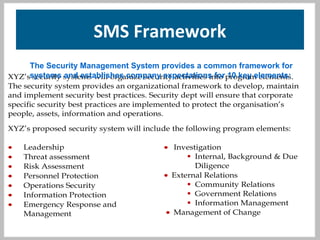 SMS Framework
SAMPLE PWO SECURITY PROGRAM ELEMENTS
XYZ’s security systems will organize security activities into program elements.
The security system provides an organizational framework to develop, maintain
and implement security best practices. Security dept will ensure that corporate
specific security best practices are implemented to protect the organisation’s
people, assets, information and operations.
XYZ’s proposed security system will include the following program elements:
• Leadership
• Threat assessment
• Risk Assessment
• Personnel Protection
• Operations Security
• Information Protection
• Emergency Response and
Management
• Investigation
 Internal, Background & Due
Diligence
• External Relations
 Community Relations
 Government Relations
 Information Management
• Management of Change
The Security Management System provides a common framework for
systems and establishes company expectations for 10 key elements:
 