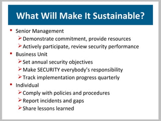 What Will Make It Sustainable?
 Senior Management
Demonstrate commitment, provide resources
Actively participate, review security performance
 Business Unit
Set annual security objectives
Make SECURITY everybody’s responsibility
Track implementation progress quarterly
 Individual
Comply with policies and procedures
Report incidents and gaps
Share lessons learned
 