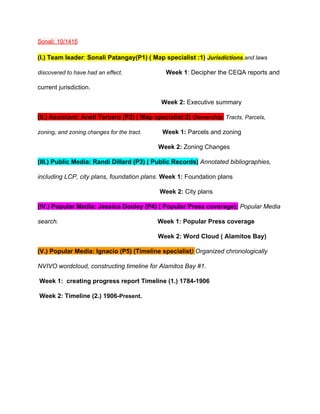 Sonali: 10/1415 
 
(I.) Team leader​:​ Sonali Patangay(P1)​ ​( Map specialist :1)​ ​Jurisdictions​ ​and laws 
discovered to have had an effect​.​                         ​Week 1​: Decipher the CEQA reports and 
current jurisdiction. 
                   ​Week 2: ​Executive summary 
(II.) Assistant: Anell Tercero (P2) ( Map specialist:2) ​Ownership​:​ ​Tracts, Parcels, 
zoning, and zoning changes for the tract.​            ​Week 1: ​Parcels and zoning 
                          ​Week 2: ​Zoning Changes 
(III.) Public Media: Randi Dillard (P3) ( Public Records)​ ​Annotated bibliographies, 
including LCP, city plans, foundation plans. ​Week 1: ​Foundation plans 
                                                                      ​Week 2: ​City plans 
(IV.) Popular Media: Jessica Dooley (P4) ( Popular Press coverage);​ ​Popular Media 
search.                                                         ​Week 1: Popular Press coverage  
                 Week 2: Word Cloud ( Alamitos Bay) 
(V.) Popular Media: Ignacio (P5) (Timeline specialist​)​ ​Organized chronologically 
NVIVO wordcloud, constructing timeline for Alamitos Bay #1.  
 ​Week 1:  creating progress report Timeline (1.) 1784­1906 
 Week 2: Timeline (2.)​ ​1906­​Present. 
 
 
 
 
 
 