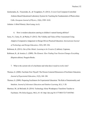 Nucleus | 52
Zachariadou, K., Yiasemides, K., & Trougkakos, N. (2012). A Low-Cost Computer-Controlled
Arduino-Based Educational Laboratory System for Teaching the Fundamentals of Photovoltaic
Cells. European Journal of Physics, 33(6), 1599–1610.
Arduino: A Brief History | Ken Leung. (n.d.).
6. How is modern education catering to children‟s natural learnig abilities?
Seery, N., Canty, D., & Phelan, P. (2012). The Validity and Value of Peer Assessment Using
Adaptive Comparative Judgement in Design Driven Practical Education. International Journal
of Technology and Design Education, 22(2), 205–226.
Robinson, K. (2011). Out of Our Minds: Learning to be Creative (2 edition). Capstone.
Robinson, K., & Aronica, L. (2009). The Element: How Finding Your Passion Changes Everything
(Reprint edition). Penguin Books.
7. What is the current role of a facilitator and what does it need to evolve into?
Thomas, G. (2008). Facilitate First Thyself: The Person-Centered Dimension of Facilitator Education.
Journal of Experiential Education, 31(2), 168–188.
Thomas, G. (2008). Preparing Facilitators for Experiential Education: The Role of Intentionality and
Intuition. Journal of Adventure Education and Outdoor Learning, 8(1), 3–20.
Martinez, M., & McGrath, D. (2014). Technology Alone Won't Transform Teacher to
Facilitator. Phi Delta Kappan, 96(1), 41–45. http://doi.org/10.1177/0031721714547861
 