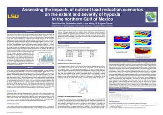 Assessing the impacts of nutrient load reduction scenarios
on the extent and severity of hypoxia
in the northern Gulf of Mexico
David Fertitta, Dubravko Justi´c, Lixia Wang, R. Eugene Turner
Department of Oceanography and Coastal Sciences, Louisiana State University
INTRODUCTION
The northern Gulf of Mexico has one of the largest coastal hypoxic zones (also known as
’dead zones’) in the world (up to 22,000 km2; 8,495 square miles). Hypoxia (< 2 mg O2
per liter) is an environmental phenomenon where the concentration of dissolved oxygen
in the water column decreases to a level that can no longer support the life of aquatic
organisms, including commercially important species of ﬁsh and shrimp. It is, therefore,
considered to be one of the most important environmental problems in the US. In 2001,
the Mississippi River/Gulf of Mexico Watershed Nutrient Task Force set a goal to reduce
the 5-year running average of the Gulf’s hypoxic zone to less than 5,000 km2. This ac-
tion plan envisioned that a 30% reduction in the Mississippi River nitrogen load would
be needed to reach this management goal. However, recent modeling studies based on
statistical models suggest that higher nutrient reductions may be needed. We have con-
ducted simulations using a complex three-dimensional computer model developed in Dr.
Justi´c’s laboratory at LSU to further examine how
different nutrient reduction strategies affect the
areal extent and severity of hypoxia in the northern
Gulf of Mexico. The effects of reductions in Mis-
sissippi River nutrient load have been assessed in
conjunction with different climate scenarios to bet-
ter understand the probable future conditions and
to provide a better estimate of the reduction of ni-
trogen needed in the Mississippi River Watershed
to meet the Task Force Goal.
METHODS
Two models of different complexity were used to assess reductions of nitrate loading in
the Mississippi River Watershed: an empirically derived statistical model [6] and a pre-
dictive coupled hydrodynamic-water quality model, FVCOM-LaTex [2][7]. Using these two
models, I examined the effects of two different nutrient reduction scenarios: S1 = 25%
reduction in riverine nitrate load relative to 2002, and, S2 = 50% reduction in riverine ni-
trate load relative to 2002. These load reductions were chosen because they bracket the
Task Force nutrient reduction goal of 30% as well a more severe nutrient reduction target
of 45% proposed by Scavia et al. (2003). The year 2002 was used as a baseline year
for model comparisons because it had the highest recorded summertime hypoxic zone
(22,000 km2, 8,495 square miles [1]). Two additional model scenarios that assumed a
20% increase in riverine nitrate loading (S3, statistical model only) and concurrent 20%
increase in riverine nitrate loading and a 4oC increase in temperature (S4, FVCOM-LaTex
model only) were used to explore the potential effects of future climate change [4].
Statistical Model
A statistical model uses May Mississippi River nitrate (NO3+NO2) loading to predict the
extent of hypoxic zone on the Louisiana-Texas shelf during the hypoxia shelfwide cruise,
typically carried out during the last week in July [6]. Data for May nitrate loading (157,000
metric tons in 2002) were obtained from the USGS [9]. A logarithmic regression of
y = 15114 ln(x) 158433 provided the best ﬁt for use in predicting the summertime extent
of the hypoxic area as a function of the May Mississippi River nitrate load.
FVCOM-LaTex Model
The FVCOM-LaTex model is a coupled hydrodynamic-water quality model. It is based on
the Finite Volume Coastal Ocean Model (FVCOM), a three-dimensional, primitive equation
ocean circulation model employing an unstructured grid and a ﬁnite volume discretization
method. The water quality model is a modiﬁed version of the Water Analysis Simulation
Program (WASP) that includes novel formulations for the dynamics of various biogeo-
chemical parameters. The FVCOM-LaTex model is also able to take into account factors
beyond just nutrient reductions or increases and can be used to assess the potential im-
pacts of future climate change on hypoxia.
RESULTS
Statistical Model
The results of the statistical model are summarized in Table 1.
Scenarios N-Loading (metric tons) Hypoxic Area (km2)
Actual 2002 157,000 22,000
S1 (-25% N) 117,750 18,043
S2 (-50% N) 78,500 11,915
S3 (+20% N) 188,400 25,147
FVCOM-LaTex Model
Seasonal changes in the area of hypoxia
The simulated areas of hypoxia in the northern Gulf of Mexico obtained by the FVCOM-
LaTex model for scenarios S1 and S2 show trends comparable to those obtained by
the statistical model. The corresponding decreases in the area of hypoxia were ob-
served throughout the course of hypoxic zone development with each nitrate reduction
(25% and 50%) compared to the standard simulated value of summer 2002. How-
ever, the future climate change scenario associated with a 20% increase in riverine
nutrient loading and a 4oC increase in temperature shows a markedly larger area of
hypoxia on the Louisiana-Texas shelf (47,450 km2) compared to the prediction of the
statistical model for the same 20% increase in riverine nitrate loading (25,147 km2).
Changes in the spatial patterns of hypoxia
The simulated and observed spatial distributions of the hypoxic zone for July 21-26, 2002
are similar in extent across the Louisiana-Texas shelf and show a good agreement be-
tween the observed data and the model results. The two nutrient reduction scenarios
both indicate a reduction in the extent of the area of hypoxic waters. In contrast, the
scenario simulating a 20% increase in nutrients and a 4oC increase in global temper-
ature greatly increases the spatial distribution of hypoxia in the northern Gulf of Mex-
ico so that hypoxic bottom waters cover much of the Louisiana-Texas continental shelf.
( a ) Observed (top) vs simulated
hypoxic area (bottom) for 2002.
( b ) Simulated hypoxic areas for scenarios
S1 (top), S2 (center), and S4 (bottom)
CONCLUSIONS
Given the current state of hypoxia in the northern Gulf of Mexico, bringing the ﬁve-year run-
ning average area of hypoxia to 5,000 km2 remains a challenging task. Both the statistical
model and the FVCOM-LaTex model indicated that when using the 2002 as the reference
year, reductions of 25% and 50% in riverine nitrate loading will still result in hypoxic areas
substantially larger than the 5,000 km2 management goal. The statistical model was able
to predict what would happen if riverine nitrogen levels were to increase by 20% compared
to the loading in 2002, but it was crucial to employ the use of the FVCOM La-Tex model
to better understand future possible conditions of hypoxia in the northern Gulf of Mexico.
Due to the large difference in projected hypoxic area, it can be concluded that the effects
of climate change could potentially have a signiﬁcant impact on the size and spatial extent
of hypoxia in the northern Gulf of Mexico and could interfere with nutrient management
efforts in the Mississippi River watershed. The results of this study suggest that even
a 50% reduction in the Mississippi River nitrate load will not be sufﬁcient to reduce the
5-year average of hypoxic area to less than 5,000 km2 and that hypoxia in the northern
Gulf of Mexico may be exacerbated as a result of climate change in spite of reductions in
the Mississippi River nitrate load. Thus, it appears that, for a foreseeable future, a large
hypoxic zone will continue to persist on the Louisiana-Texas shelf unless further nutrient
reduction strategies are implemented.
REFERENCES AND ACKNOWLEDGMENTS
References
[1 ] Gulf Hypoxia. http://www.gulfhypoxia.net/
[2 ] D. Justi´c, L. Wang. 2013. Continental Shelf Research 72: 163-179.
[3 ] D. Justi´c, N.N. Rabalais, R.E. Turner, 1996. Limnology and Oceanography 41 (5): 9921003.
[4 ] D. Justi´c, N.N. Rabalais, R.E. Turner. 2003. Journal of Marine Systems 42: 115-126.
[5 ] Task Force (Mississippi River/Gulf of Mexico Watershed Nutrient Task Force). 2001. U.S. Environmental Protection Agency; Washington, DC.
[6 ] R.E. Turner, N.N. Rabalais, D. Justi´c. 2012. Marine Pollution Bulletin 64: 318-323.
[7 ] L. Wang, D. Justi´c. 2009. Continental Shelf Research 29:1464-1476.
Acknowledgments
We would like to acknowledge the support of the following institutions and individuals:
1. The Tiger Athletic Foundation and the LSU Honors College for their scholarship support during the de-
velopment of this project.
2. Dr. John Westra, Department of Agricultural Economics and Agribusiness, LSU.
LSU Discover Day, 2015, Baton Rouge, LA
 