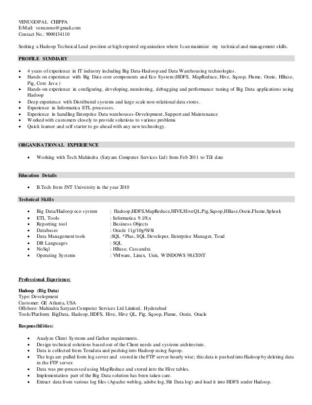 VENU Hadoop Resume