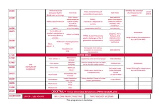 15:15 5 Industries to be
disrupted by the
Blockchain technology
ALEX PUIG
The 5 characteristics of
successful entrepreneurs
IGOR TASIC
Breaking the paradigm
of entrepreneurial
support
JAVIER
GARCÍA
15:30
PANEL about FINTECH
EDDY TRAVIA
HAKIM MAMONI
ALBERT GÓMEZ
ALEX PUIG
ADAM GILES
PANEL:
Failure as a stepstone to
success
KAREN BOERS
MARIA GIOVANARDI
VANESSA CARRERA
ANTONIO TENA
(moderator)
WORKSHOP:
Design thinking for entrepreneurs
By JUNTOS SALIMOS
16:00 BBVA REYES BOLUMAR Presentation WATIFY AIDA MILLÁN
16:15 Team skills and
product orientation in
the startup finance
process
JORGE CALDERÓN
PANEL: Supporting young
adults: challenges of the Y
generation entrepreneurs
KRISZTINA TOTH
THOMAS OHR
ANEESH ZUTSHI
EMILY LANNON
EDITE CRUZ
16:30
Pitch:
eHEALT 1
Performance Tracking Solutions
Hygea
16:45 Guardmecum
HCA
Startups.be: from startup
ecosystem to community
representative
KAREN BOERS
17:00 COFFEE BREAK
17:30
SME
INSTRUMENT
WORKSHOP
Pitch: eHEALT 2
Mementum
Smileat
Leadership at the service of people PABLO ASENSIO
WORKSHOP:
Design thinking for entrepreneurs
By JUNTOS SALIMOS
17:45 Pitch session
Helppier
Everyride
How the young start-ups can reach
out to the tech-media outlets?
THOMAS OHR
18:00 Pitch: YUZZ Metrica 6
Situm PANEL about the MEDIA in
Entrepreneurship
RICCARDO LUNA
LUKAS GASPARIK
OLIVIA
CZETWERTYNSKI
18:15 Pitch EASME
XHOCKWARE BVB
Innovate
18.30 Pitch session
Power Stabilisation
FIRST VISION
Failure Aversion Change in Europe
project presentation
ELISA PIÑEIRO
18.45 Pitch session
Enval
Watly
19.00 Pitch session Geko
20:00 COCKTAIL – Venue: Universidad de Salamanca (PATIO ESCUELAS, s/n)
This programme is tentative
15:30-19.30 UPPER-LEVEL ROOMS WELCOME PROJECT MEETING TWIST PROJECT MEETING
 