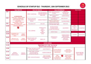 SCHEDULE OF STARTUP OLE - THURSDAY, 10th SEPTEMBER 2015
SALA MAYOR SALA DE ENSAYO SALA INTERMEDIA SALA CERO
9:00
AA PRESENTATION:
ISIDRO LASO – STARTUP EUROPE
EUROPEAN COMMISSION
EMILIO CORCHADO – BISITE
ACCELERATOR
OSCAR FARRÉS – EUROPEAN
INVESTMENT FUND
AGNIESzKA STASIAKOWSKA – EASME
EUROPEAN COMMSSION
PANEL: Crowdfunding
ASIER BASTERRETXEA
GIUSSEPPE RAGOSTA
JAMES SORE
PANEL: Startup Ecosystems
in Ireland
IAN LUCEY
EOGHAN STACK
RAY WALSHE
Spanish Association of
Startups
CARMEN BERMEJO
9:30 How do I get private
investment for my
Startup?
GONZALO TRADACETE
Estonia, the ground where
future walks on
MARI VAVULSKI
Poland as a startup hub in
Central Eastern Europe
ELIZA KRUCZOWSKA
9:45 The mythical CTO IAN LUCEY
Slovenia as a start-up hub
in the Alps-Adriatic region
MATEJ RUS
10:00
Pitch: EUROPASS
Standard access
Gymr
Shape me
Byke
Strokecare
Ohlala
the German Startup
Ecosystem and the
European Startup Monitor
LISA SCHREIER
Real
Mentoring:
The
Significance of
the Mentor
ELI MARTINEZ
10:15 STARTUP ITALIA ARCANGELO ROCIOLA
10:30 Going global: from
Salamanca to the
World
ANDRÉS
SABORIDO
Building Startup
Ecosystems
CARMEN BERMEJO
MARI VAVULSKI
ELIZA KRUCZOWSKA
MATEJ RUS
LISA SCHREIER
TECHSTAR JOSE IGLESIAS
10:45
What the EU can
learn from Startups
LENARD
KOSCHWITZ
What do investors seek
when investing in a
startup?
SAMUEL GIL
11:00 COFFEE BREAK
11:30 Opening (11:30 - 12:00) - SALA MAYOR
Speakers: Emilio Corchado, Isidro Laso
12:00
Startups:
Opportunities
difficult to execute
RODOLFO
CARPINTIER
10 Things I hate about you (and
why you need a lawyer)
JAVIER PRENAFETA
Current state of
the acceleration
phenomenon
IGOR TASIC
PHILIPPE THILTGES
EDITE CRUZ PRIVATE MEETING:
SE-EC – STARTUP
ASSOCIATIONS
12:15 EU-BIC model: a succesful
journey through the
entrepreneurship path
CLARELISA CAMILLERI
12:30
PANEL: Investors & Corporate
JORGE CALDERÓN
GIANLUCCA DETTORI
SAMUEL GIL
PANEL:
Idea stage
Acceleration and
how these new
ANEESH ZUTSHI
KAREL ESCOBAR
EDITE CRUZ
KRISZTINA TOTH
12:45
 