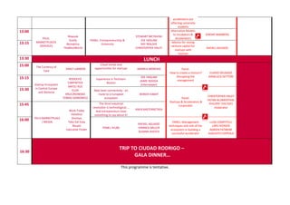 accelerators are
affecting university
students
13:00
Pitch:
MARKETPLACES
/SERVICES
Wayook
Outify
Beonprice
TheMiceWorld
PANEL: Entrepreneurship &
University
STEWART MCTAVISH
JOE HASLAM
RAY WALSHE
CHRISTOPHER HALEY
Alternative Models
to Incubators &
Accelerators
JEREMY BAMBERG
13:15 Advices for raising
venture capital for
startups with
traction
RAFAEL AGUADO
13:30 LUNCH
15:00 The Currency of
Care
EMILY LANNON
Cloud trends and
opportunities for startups ANDREA MOREIRA Panel:
How to create a Unicorn?
Disrupting the
management
ELADIO DELGADO
GIANLUCA DETTORI
15:15
Startup Ecosystem
in Central Europe
and Slovenia
RODOLFO
CARPINTIER
MATEJ RUS
ELIZA
KRUCZKOWSKA
TOBIAS SZAROWICZ
Experience in Techstars
Boston
JOE HASLAM
JAIME NOVOA
(Interviewer)
15:30 Next level connectivity - en
route to a European
ecosystem
BERKAY KABAY
Panel:
Startups & Accelerators &
Corporates
CHRISTOPHER HALEY
YATAN BLUMENTHAL
PHILIPPE THILTGES
moderator
15:45
Pitch MARKETPLACE
/ MEDIA:
Work Today
Velvehut
Gremyo
Take Eat Easy
Neupic
Executive Finder
The third industrial
revolution is technological....
And entrepreneurs have
something to say about it!
ASIER BASTERRETXEA
16:00
PANEL IHUBS
RAFAEL AGUADO
YANNICK MILLER
SUSANA AVESTA
PANEL: Management
techniques and role of the
ecosystem in building a
successful accelerator
LUIGI CAMPITELLI
LARS IVERSEN
ADRIEN FATIBENE
AUGUSTO COPPOLA
16:30
TRIP TO CIUDAD RODRIGO –
GALA DINNER…
This programme is tentative.
 