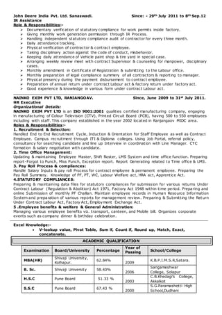 John Deere India Pvt. Ltd. Sanaswadi. Since: - 29th July 2011 to 8th Sep.12
IR Assistance
Role & Responsibilities:-
 Documentary verification of statutory compliance for work permits inside factory.
 Giving monthly work generation permission through IR Process.
 Handling independent statutory compliance audit of contractor for every three month.
 Daily attendance tracking.
 Physical verification of contractor & contract employee.
 Taking disciplinary action against the code of conduct, misbehavior.
 Keeping daily attendance of Vehicle paint shop & tire yard in special case.
 Arranging weekly review meet with contract Supervisor & counseling for manpower, disciplinary
cases.
 Monthly amendment in Certificate of Registration & submitting to the Labour office.
 Monthly preparation of legal compliance summery of all contractors & reporting to manager.
 Physical presency during the payment disbursement to contract employee.
 Preparation of annual return under contract Labour act & factory return under factory act.
 Good experience & knowledge in various form under contract Labour act.
NAINKO EXIM PVT LTD, RANJANGOAV. Since, June 2009 to 31st July 2011.
HR Executive
Organizational Details:
NAINKO EXIM PVT LTD is an ISO 9001:2001 qualities certified manufacturing company, engaging
in manufacturing of Colour Television (CTV), Printed Circuit Board (PCB), having 500 to 550 employees
including with staff. This company established in the year 2002 located in Ranjangaov MIDC area.
Roles & Responsibilities:-
1. Recruitment & Selection:
Handled End to End Recruitment Cycle, Induction & Orientation for Staff Employee as well as Contract
Employee. Campus recruitment through ITI & Diploma colleges. Using Job Portal, referral policy,
consultancy for searching candidate and line up Interview in coordination with Line Manager. CTC
formation & salary negotiation with candidate.
2. Time Office Management:
Updating & maintaining Employee Master, Shift Roster, LMS System and time office function. Preparing
report-Forgot to Punch, Miss Punch, Exception report. Report Generating related to Time office & LMS.
3. Pay Roll Process & compliances:
Handle Salary Inputs & pay roll Process for contract employee & permanent employee. Preparing the
Pay Roll Summery. Knowledge of PF, PT, WC, Labour Welfare act, HRA act, Apprentice Act.
4.STATUTORY COMPLIANCES:
Preparing & maintaining data files for statutory compliances for submission for various returns Under
Contract Labour (Regulation & Abolition) Act 1971, Factory Act 1948 within time period. Preparing and
online Submission of monthly PF Challan. Maintain employee records in Human Resource Information
System and preparation of various reports for management review. Preparing & Submitting the Return
Under Contract Labour Act, Factory Act, Employment Exchange Act.
5 .Employee benefits & welfare & General Administration:
Managing various employee benefits viz. transport, canteen, and Mobile bill. Organizes corporate
events such as company dinner & birthday celebration.
Excel Knowledge:-
 V-lookup value, Pivot Table, Sum if, Count if, Round up, Match, Exact,
concatenate.
ACADEMIC QUALIFICATION
Examination Board/University Percentage
Year of
Passing School/College
MBA(HR)
Shivaji University,
Kolhapur.
62.84%
2009
K.B.P.I.M.S.R,Satara.
B. Sc. Shivaji University 58.40%
2006
Sangameshwar
College, Solapur
H.S.C Pune Board 51.33 %
2003
C.B.Khedagi’s College,
Akkalkot
S.S.C Pune Board 67.43 %
2000
S.G.Paramashetti High
School,Dudhani
 