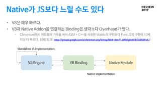 Native가 JS보다 느릴 수도 있다
• V8은 매우 빠르다.
• V8과 Native Addon을 연결하는 Binding은 생각보다 Overhead가 있다.
• Chromium에서 하드웨어 가속을 써서 ASM + C+...