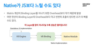 Native가 JS보다 느릴 수도 있다
• Matrix 계산이 Binding Layer를 지나기 위한 Overhead보다 작기 때문에 발생
• 어떤 연산이 Binding Layer의 Overhead보다 작고 빈번히 호출이 된다면 JS가 더 빠를
수도 있다.
V8 Engine
Native ModuleV8 Engine V8 Binding
Standalone JS Implementation
Native Implementation
이 Layer를 많이 지나다닐 수록 성능은 떨어집니다!
 