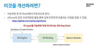 이것을 개선하려면?
• 가능하면 한 쪽 World에서 머무르도록 한다.
• uftrace와 같은 프로파일링 툴을 통해 실제 빈번하게 호출되는 지점을 찾을 수 있음.
• https://github.com/namhyung/uftrace
V8 Engine
Native ModuleV8 Engine V8 Binding
Standalone JS Implementation
Native Implementation
이 Layer를 가능하면 적게 지나다니는 것이 Key Point
 