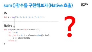 sum()함수를 구현해보자(Native 호출)
let s = sum([1, 2, 3, 4, 5, 6, 7, 8, 9]);
JS
Native
int sum(std::vector<int> elements) {
int s =...