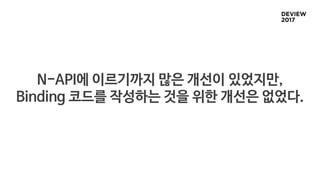 N-API에 이르기까지 많은 개선이 있었지만,
Binding 코드를 작성하는 것을 위한 개선은 없었다.
 