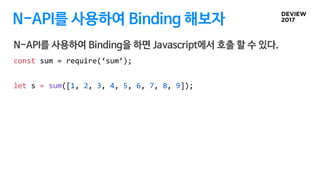 N-API를 사용하여 Binding 해보자
const sum = require(‘sum’);
let s = sum([1, 2, 3, 4, 5, 6, 7, 8, 9]);
N-API를 사용하여 Binding을 하면 Java...