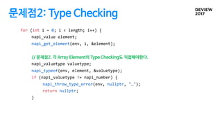 문제점2: Type Checking
for (int i = 0; i < length; i++) {
napi_value element;
napi_get_element(env, i, &element);
// 문제점2. 각 ...