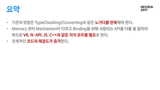 요약
• 기존의 방법은 TypeChecking/Converting과 같은 노가다를 반복해야 한다.
• Memory 관리 Mechanism이 다르고 Binding을 위해 사용되는 API를 다룰 줄 알아야
하므로 V8, N...
