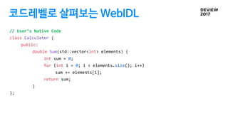 코드레벨로 살펴보는 WebIDL
// User’s Native Code
class Calculator {
public:
double Sum(std::vector<int> elements) {
int sum = 0;
fo...