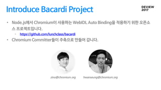 Introduce Bacardi Project
• Node.js에서 Chromium이 사용하는 WebIDL Auto Binding을 적용하기 위한 오픈소
스 프로젝트입니다.
• https://github.com/lunc...