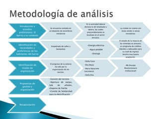 Introducción y
estudios
preliminares: El
barrio y su contexto
Se encuentra sentada en
un deposito de escombros
volcánicos
En la actividad laboral
destaca la del empleado u
obrero, las cuales
presumiblemente se
localizan en el sector
terciario.
La ciudad no cuenta con
áreas verdes o zonas
recreativas.
Identificación de
necesidades y
preferencias de los
habitantes del barrio
Empedrado de calles y
banquetas
-Energía eléctrica
-Agua potable
-Drenaje
El estado de la mayoría de
las viviendas es precario,
un programa de créditos
blandos y adecuados para
su nivel de ingreso
tendría muy buena
aceptación.
Identificación de
niveles de
organización
El progreso de la colonia
ha sido por la
organización de los
vecinos.
-Doña Geno
-Rita Reyes
-Mario Navarrete
(secretario)
-Doña Elsa
PRI (Partido
Revolucionario
Institucional)
Propuestas de
gestión y
organización
-Gestión del terreno
-Apertura de zanjas,
tala de arboles,
chapona de hierba
-Comité de Solidaridad
para la electrificación
Recapitulación
 
