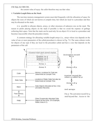 CSE Dept.,Sir CRR COE.
JSVG Krishna, Associate Professor.
the current value of topsp; the caller therefore may use that value.
4. Variable-Length Data on the Stack
The run-time memory-management system must deal frequently with the allocation of space for
objects the sizes of which are not known at compile time, but which are local to a procedure and thus
may be allocated on the stack.
it is possible to allocate objects, arrays, or other structures of unknown size on the stack. The
reason to prefer placing objects on the stack if possible is that we avoid the expense of garbage
collecting their space. Note that the stack can be used only for an object if it is local to a procedure and
becomes inaccessible when the procedure returns.
A common strategy for allocating variable-length arrays (i.e., arrays whose size depends on the
value of one or more parameters of the called procedure) is shown in Fig. 7.8. The same scheme works
for objects of any type if they are local to the procedure called and have a size that depends on the
parameters of the call.
Also shown in Fig. 7.8 is the activation record for a procedure q, called by p. The activation record for q
begins after the arrays of p, and any variable-length arrays of q are located beyond that . Access to the
data on the stack is through two pointers, top and topsp.
 