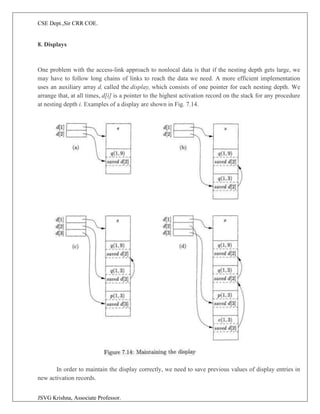 CSE Dept.,Sir CRR COE.
JSVG Krishna, Associate Professor.
8. Displays
One problem with the access-link approach to nonlocal data is that if the nesting depth gets large, we
may have to follow long chains of links to reach the data we need. A more efficient implementation
uses an auxiliary array d, called the display, which consists of one pointer for each nesting depth. We
arrange that, at all times, d[i] is a pointer to the highest activation record on the stack for any procedure
at nesting depth i. Examples of a display are shown in Fig. 7.14.
In order to maintain the display correctly, we need to save previous values of display entries in
new activation records.
 