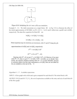 CSE Dept.,Sir CRR COE.
JSVG Krishna, Associate Professor.
Example 9 . 1 6 : We shall concentrate on a single block, B2 in Fig. 9.19, to illustrate the effect of
the initial approximation of OUT[B2] on IN [ B 2 ] - Let G and K abbreviate e.genB2 and e-killB2,
respectively. The data-flow equations for block B2 are
Algorithm 9 . 1 7 : Available expressions.
INPUT: A flow graph with e-kills and e.gens computed for each block B. The initial block is B1.
OUTPUT: IN [5] and O U T [ 5 ] , the set of expressions available at the entry and exit of each block B
of the flow graph.
 