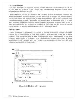 CSE Dept.,Sir CRR COE.
JSVG Krishna, Associate Professor.
If the actual parameter is an expression, however, then the expression is evaluated before the call, and
its value stored in a location of its own. Changes to the formal parameter change this location, but can
have no effect on the data of the caller.
Call-by-reference is used for "ref" parameters in C + + and is an option in many other languages. It is
almost essential when the formal parameter is a large object, array, or structure. The reason is that strict
call-by-value requires that the caller copy the entire actual parameter into the space belonging to the
corresponding formal parameter. This copying gets expensive when the parameter is large. As we noted
when discussing call-by-value, languages such as Java solve the problem of passing arrays, strings, or
other objects by copying only a reference to those objects. The effect is that Java behaves as if it used
call-by-reference for anything other than a basic type such as an integer or real.
Call - by - Name
A third mechanism — call-by-name — was used in the early programming language Algol 60. It
requires that the callee execute as if the actual parameter were substituted literally for the formal
parameter in the code of the callee, as if the formal parameter were a macro standing for the actual
parameter (with renaming of local names in the called procedure, to keep them distinct). When the
actual parameter is an expression rather than a variable, some unintuitive behaviors occur, which is one
reason this mechanism is not favored today.
 