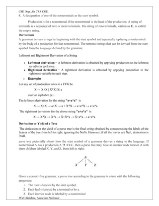 CSE Dept.,Sir CRR COE.
JSVG Krishna, Associate Professor.
4. A designation of one of the nonterminals as the start symbol.
Production is for a nonterminal if the nonterminal is the head of the production. A string of
terminals is a sequence of zero or more terminals. The string of zero terminals, written as E , is called
the empty string.
Derivations
A grammar derives strings by beginning with the start symbol and repeatedly replacing a nonterminal
by the body of a production for that nonterminal. The terminal strings that can be derived from the start
symbol form the language defined by the grammar.
Leftmost and Rightmost Derivation of a String
• Leftmost derivation − A leftmost derivation is obtained by applying production to the leftmost
variable in each step.
• Rightmost derivation − A rightmost derivation is obtained by applying production to the
rightmost variable in each step.
• Example
Let any set of production rules in a CFG be
X → X+X | X*X |X| a
over an alphabet {a}.
The leftmost derivation for the string "a+a*a" is
X → X+X → a+X → a + X*X → a+a*X → a+a*a
The rightmost derivation for the above string "a+a*a" is
X → X*X → X*a → X+X*a → X+a*a → a+a*a
Derivation or Yield of a Tree
The derivation or the yield of a parse tree is the final string obtained by concatenating the labels of the
leaves of the tree from left to right, ignoring the Nulls. However, if all the leaves are Null, derivation is
Null.
parse tree pictorially shows how the start symbol of a grammar derives a string in the language. If
nonterminal A has a production A → XYZ , then a parse tree may have an interior node labeled A with
three children labeled X, Y, and Z, from left to right:
Given a context-free grammar, a parse tree according to the grammar is a tree with the following
properties:
1. The root is labeled by the start symbol.
2. Each leaf is labeled by a terminal or by e.
3. Each interior node is labeled by a nonterminal
 