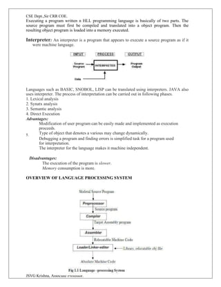 CSE Dept.,Sir CRR COE.
JSVG Krishna, Associate Professor.
Executing a program written n HLL programming language is basically of two parts. The
source program must first be compiled and translated into a object program. Then the
resulting object program is loaded into a memory executed.
Interpreter: An interpreter is a program that appears to execute a source program as if it
were machine language.
Languages such as BASIC, SNOBOL, LISP can be translated using interpreters. JAVA also
uses interpreter. The process of interpretation can be carried out in following phases.
1. Lexical analysis
2. Synatx analysis
3. Semantic analysis
4. Direct Execution
Advantages:
Modification of user program can be easily made and implemented as execution
proceeds.
Type of object that denotes a various may change dynamically.
5.
Debugging a program and finding errors is simplified task for a program used
for interpretation.
The interpreter for the language makes it machine independent.
Disadvantages:
The execution of the program is slower.
Memory consumption is more.
OVERVIEW OF LANGUAGE PROCESSING SYSTEM
 