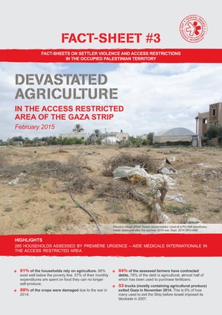 1
FACT-SHEETS ON SETTLER VIOLENCE AND ACCESS RESTRICTIONS
IN THE OCCUPIED PALESTINIAN TERRITORY
FACT-SHEET #3
DEVASTATED
AGRICULTURE
IN THE ACCESS RESTRICTED
AREA OF THE GAZA STRIP
February 2015
Khuza’a village (Khan Younis Governorate): Land of a PU-AMI beneficiary
totally destroyed after the summer 2014 war. Sept. 2014 ©PU-AMI
HIGHLIGHTS
285 HOUSEHOLDS ASSESSED BY PREMIÈRE URGENCE – AIDE MÉDICALE INTERNATIONALE IN
THE ACCESS RESTRICTED AREA
•	 81% of the households rely on agriculture. 96%
exist well below the poverty line. 57% of their monthly
expenditures are spent on food they can no longer
self-produce;
•	 88% of the crops were damaged due to the war in
2014;
•	 84% of the assessed farmers have contracted
debts. 78% of the debt is agricultural, almost half of
which has been used to purchase fertilizers.
•	 53 trucks (mostly containing agricultural produce)
exited Gaza in November 2014. This is 6% of how
many used to exit the Strip before Israeli imposed its
blockade in 2007.
 