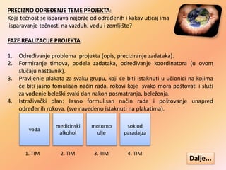 PRECIZNO ODREĐENJE TEME PROJEKTA:
Koja tečnost se isparava najbrže od određenih i kakav uticaj ima
isparavanje tečnosti na vazduh, vodu i zemljište?
FAZE REALIZACIJE PROJEKTA:
1. Određivanje problema projekta (opis, preciziranje zadataka).
2. Formiranje timova, podela zadataka, određivanje koordinatora (u ovom
slučaju nastavnik).
3. Pravljenje plakata za svaku grupu, koji će biti istaknuti u učionici na kojima
će biti jasno fomulisan način rada, rokovi koje svako mora poštovati i služi
za vođenje beleški svaki dan nakon posmatranja, beleženja.
4. Istraživački plan: Jasno formulisan način rada i poštovanje unapred
određenih rokova. (sve navedeno istaknuti na plakatima).
voda
medicinski
alkohol
motorno
ulje
sok od
paradajza
1. TIM 2. TIM 3. TIM 4. TIM
Dalje...
 