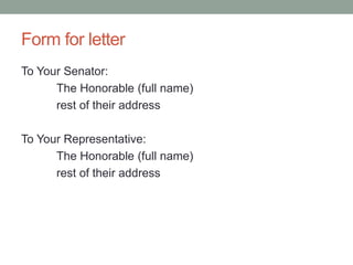 Form for letter
To Your Senator:
The Honorable (full name)
rest of their address
To Your Representative:
The Honorable (full name)
rest of their address
 