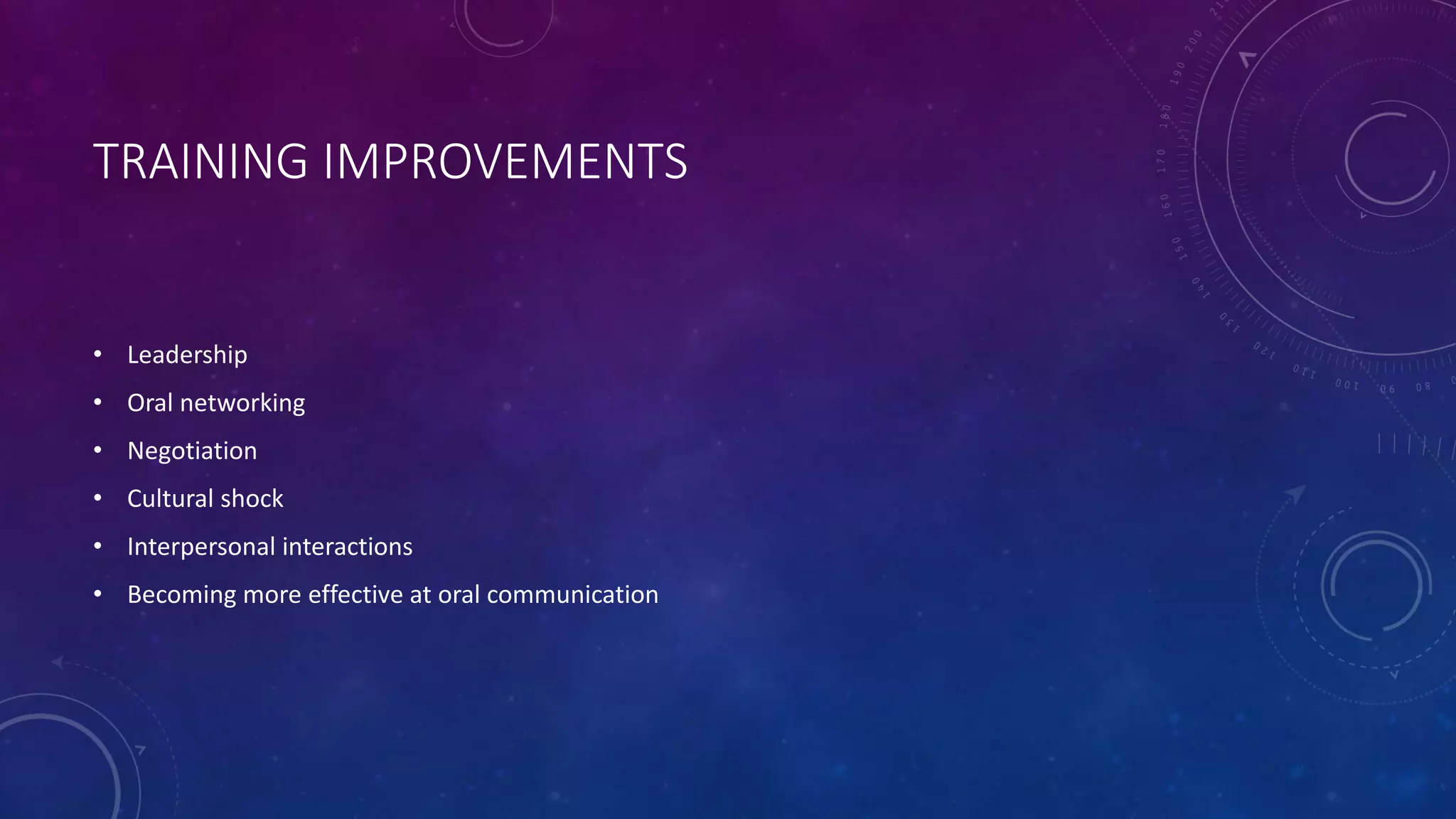 TRAINING IMPROVEMENTS
• Leadership
• Oral networking
• Negotiation
• Cultural shock
• Interpersonal interactions
• Becoming more effective at oral communication
 