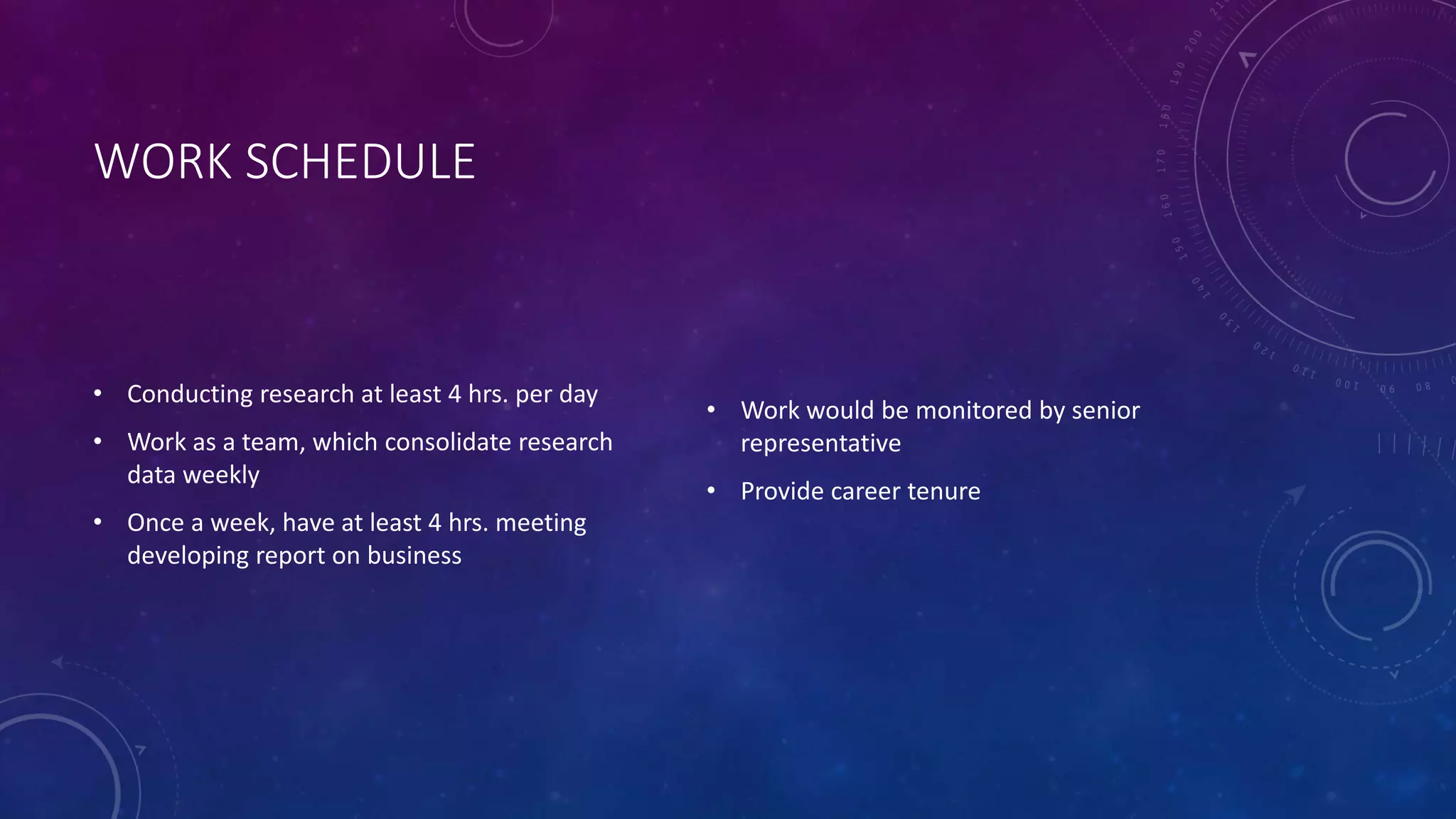 WORK SCHEDULE
• Conducting research at least 4 hrs. per day
• Work as a team, which consolidate research
data weekly
• Once a week, have at least 4 hrs. meeting
developing report on business
• Work would be monitored by senior
representative
• Provide career tenure
 