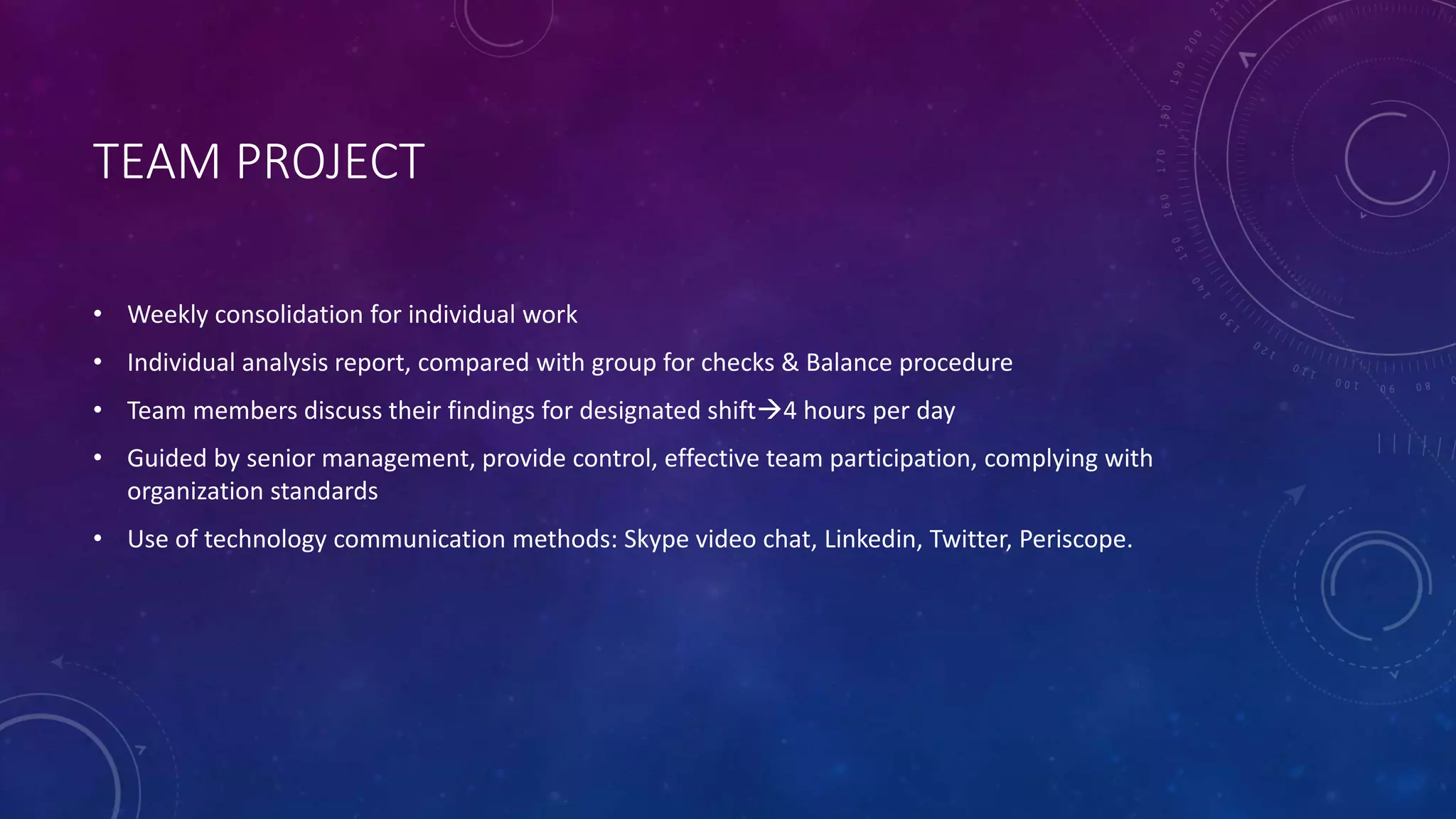 TEAM PROJECT
• Weekly consolidation for individual work
• Individual analysis report, compared with group for checks & Balance procedure
• Team members discuss their findings for designated shift4 hours per day
• Guided by senior management, provide control, effective team participation, complying with
organization standards
• Use of technology communication methods: Skype video chat, Linkedin, Twitter, Periscope.
 
