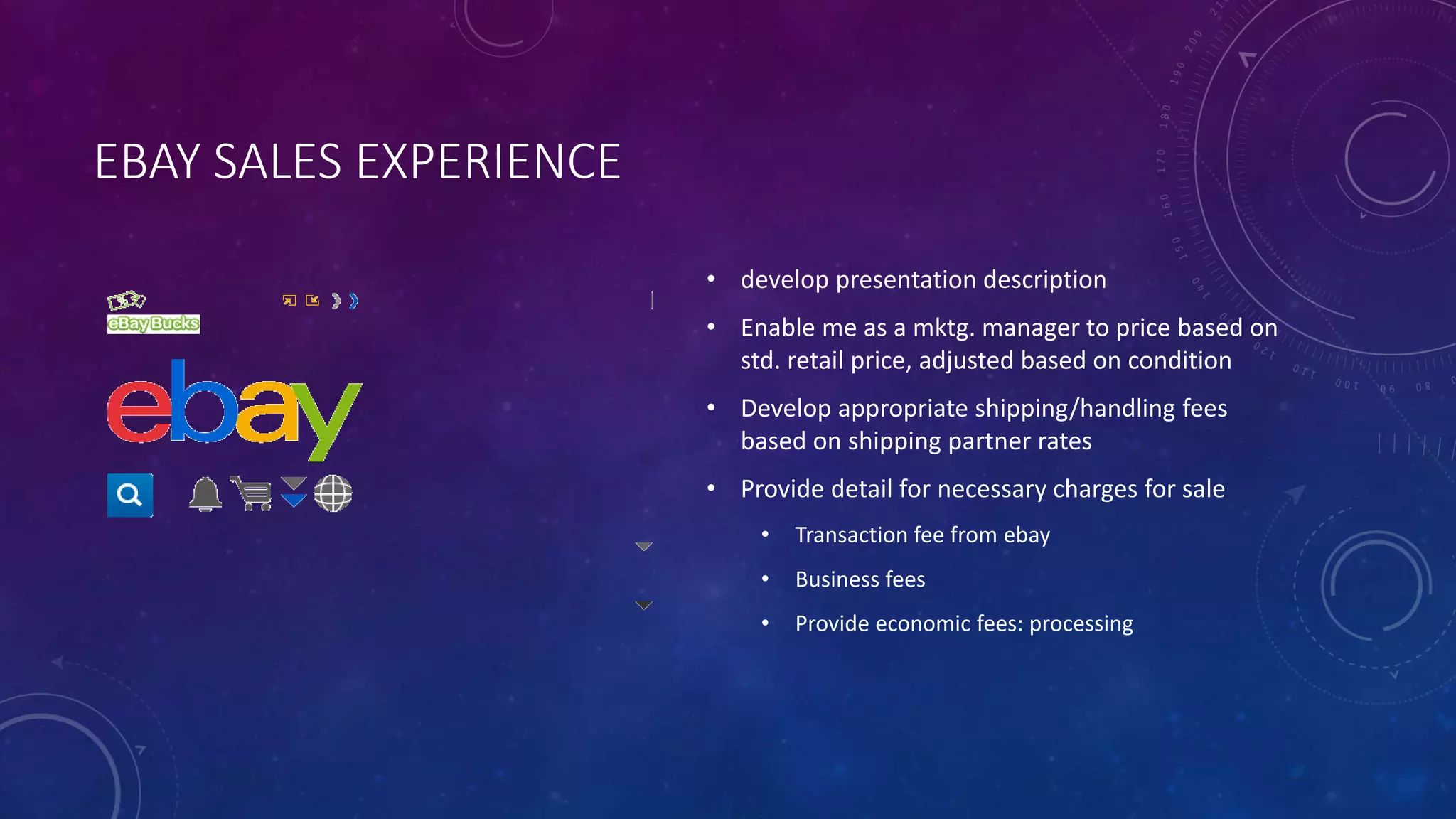 EBAY SALES EXPERIENCE
• develop presentation description
• Enable me as a mktg. manager to price based on
std. retail price, adjusted based on condition
• Develop appropriate shipping/handling fees
based on shipping partner rates
• Provide detail for necessary charges for sale
• Transaction fee from ebay
• Business fees
• Provide economic fees: processing
 