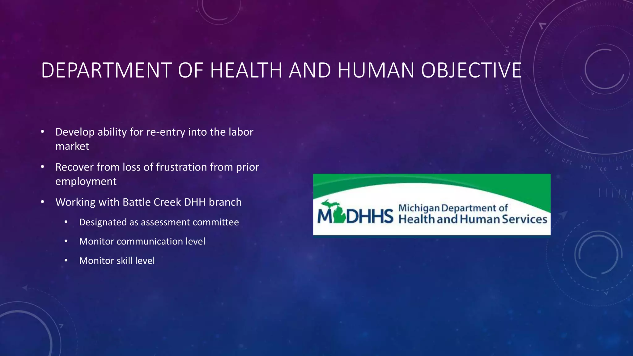DEPARTMENT OF HEALTH AND HUMAN OBJECTIVE
• Develop ability for re-entry into the labor
market
• Recover from loss of frustration from prior
employment
• Working with Battle Creek DHH branch
• Designated as assessment committee
• Monitor communication level
• Monitor skill level
 