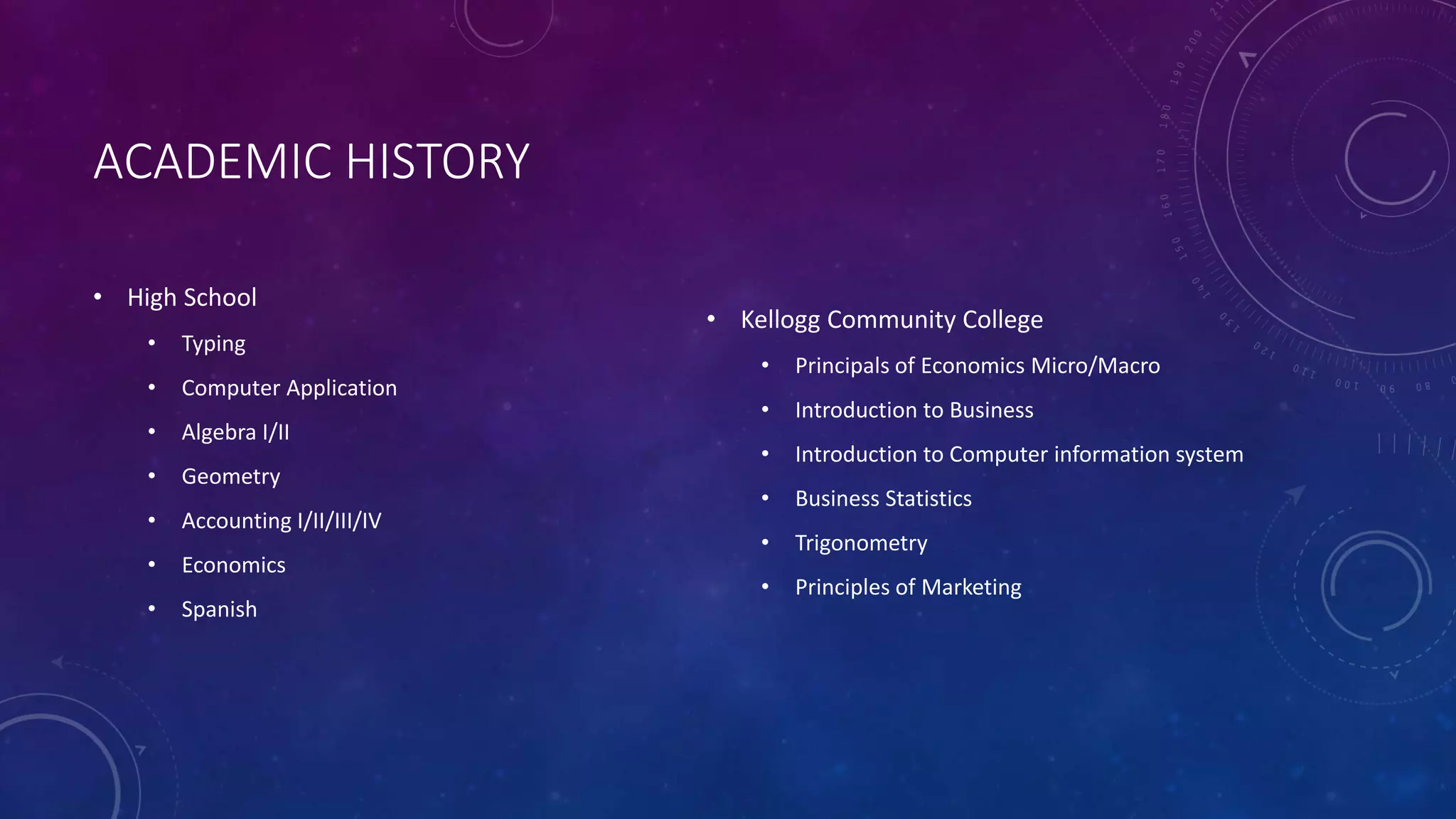 ACADEMIC HISTORY
• High School
• Typing
• Computer Application
• Algebra I/II
• Geometry
• Accounting I/II/III/IV
• Economics
• Spanish
• Kellogg Community College
• Principals of Economics Micro/Macro
• Introduction to Business
• Introduction to Computer information system
• Business Statistics
• Trigonometry
• Principles of Marketing
 