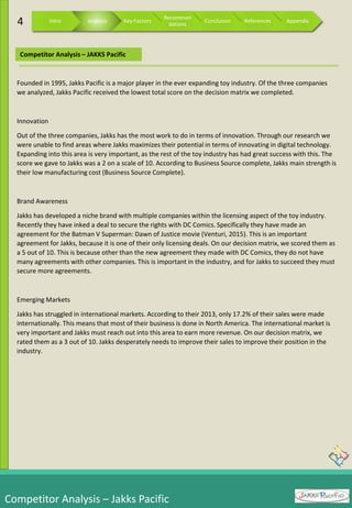 Competitor Analysis – Jakks Pacific
Founded in 1995, Jakks Pacific is a major player in the ever expanding toy industry. Of the three companies
we analyzed, Jakks Pacific received the lowest total score on the decision matrix we completed.
Innovation
Out of the three companies, Jakks has the most work to do in terms of innovation. Through our research we
were unable to find areas where Jakks maximizes their potential in terms of innovating in digital technology.
Expanding into this area is very important, as the rest of the toy industry has had great success with this. The
score we gave to Jakks was a 2 on a scale of 10. According to Business Source complete, Jakks main strength is
their low manufacturing cost (Business Source Complete).
Brand Awareness
Jakks has developed a niche brand with multiple companies within the licensing aspect of the toy industry.
Recently they have inked a deal to secure the rights with DC Comics. Specifically they have made an
agreement for the Batman V Superman: Dawn of Justice movie (Venturi, 2015). This is an important
agreement for Jakks, because it is one of their only licensing deals. On our decision matrix, we scored them as
a 5 out of 10. This is because other than the new agreement they made with DC Comics, they do not have
many agreements with other companies. This is important in the industry, and for Jakks to succeed they must
secure more agreements.
Emerging Markets
Jakks has struggled in international markets. According to their 2013, only 17.2% of their sales were made
internationally. This means that most of their business is done in North America. The international market is
very important and Jakks must reach out into this area to earn more revenue. On our decision matrix, we
rated them as a 3 out of 10. Jakks desperately needs to improve their sales to improve their position in the
industry.
Competitor Analysis – JAKKS Pacific
4 Intro Analysis Key Factors
Recommen
dations
Conclusion References Appendix
 