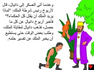 ‫وﻋﻨﺪﻡﺎ أﺕﻰ اﻟﻌﺴﻜﺮ إﻟﻰ داﻧﻴﺎل، ﻗﺎل‬
‫ﻵریﻮخ رﺉﻴﺲ ﺵﺮﻃﺔ اﻟﻤﻠﻚ: "ﻟﻤﺎذا‬
  ‫یﺮیﺪ اﻟﻤﻠﻚ أن یﻘﺘﻞ آﻞ اﻟﺤﻜﻤﺎء؟"‬
     ‫ﻓﺄﺥﺒﺮ ﺁریﻮخ داﻧﻴﺎل ﻋﻦ آﻞ ﻡﺎ‬
 ‫ﺡﺼﻞ، ﻓﺬهﺐ داﻧﻴﺎل ﻟﻤﻘﺎﺏﻠﺔ اﻟﻤﻠﻚ،‬
  ‫وﻃﻠﺐ ﺏﻌﺾ اﻟﻮﻗﺖ ﺡﺘﻰ یﺴﺘﻄﻴﻊ‬
    ‫أن یﺨﺒﺮ اﻟﻤﻠﻚ ﻋﻦ ﺕﻔﺴﻴﺮ ﺡﻠﻤﻪ.‬
 