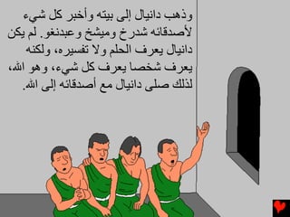 ‫وذهﺐ داﻧﻴﺎل إﻟﻰ ﺏﻴﺘﻪ وأﺥﺒﺮ آﻞ ﺵﻲء‬
‫ﻷﺻﺪﻗﺎﺉﻪ ﺵﺪرخ وﻡﻴﺸﺦ وﻋﺒﺪﻧﻐﻮ. ﻟﻢ یﻜﻦ‬
    ‫داﻧﻴﺎل یﻌﺮف اﻟﺤﻠﻢ وﻻ ﺕﻔﺴﻴﺮﻩ، وﻟﻜﻨﻪ‬
‫یﻌﺮف ﺵﺨﺼﺎ یﻌﺮف آﻞ ﺵﻲء، وهﻮ اﷲ،‬
  ‫ﻟﺬﻟﻚ ﺻﻠﻰ داﻧﻴﺎل ﻡﻊ أﺻﺪﻗﺎﺉﻪ إﻟﻰ اﷲ.‬
 