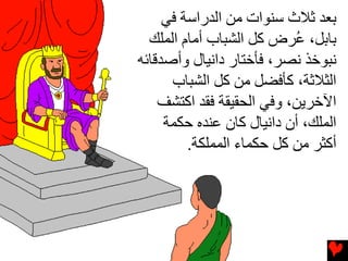 ‫ﺏﻌﺪ ﺛﻼث ﺳﻨﻮات ﻡﻦ اﻟﺪراﺳﺔ ﻓﻲ‬
  ‫ﺏﺎﺏﻞ، ُﺮض آﻞ اﻟﺸﺒﺎب أﻡﺎم اﻟﻤﻠﻚ‬
                           ‫ﻋ‬
‫ﻧﺒﻮﺥﺬ ﻧﺼﺮ، ﻓﺄﺥﺘﺎر داﻧﻴﺎل وأﺻﺪﻗﺎﺉﻪ‬
      ‫اﻟﺜﻼﺛﺔ، آﺄﻓﻀﻞ ﻡﻦ آﻞ اﻟﺸﺒﺎب‬
    ‫اﻵﺥﺮیﻦ، وﻓﻲ اﻟﺤﻘﻴﻘﺔ ﻓﻘﺪ اآﺘﺸﻒ‬
     ‫اﻟﻤﻠﻚ، أن داﻧﻴﺎل آﺎن ﻋﻨﺪﻩ ﺡﻜﻤﺔ‬
         ‫أآﺜﺮ ﻡﻦ آﻞ ﺡﻜﻤﺎء اﻟﻤﻤﻠﻜﺔ.‬
 