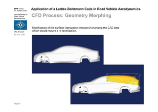 BMW Group
Dr. Norbert Grün
Lecture Series on
Road Vehicle
Aerodynamics
VKI, Brussels
May 30-June 3, 2005
Page 20
Application of a Lattice-Boltzmann Code in Road Vehicle Aerodynamics.
CFD Process: Geometry Morphing
Modification of the surface facetization instead of changing the CAD data
which would require a re-facetization.
 