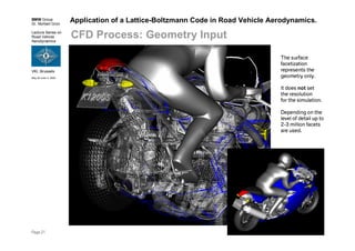 BMW Group
Dr. Norbert Grün
Lecture Series on
Road Vehicle
Aerodynamics
VKI, Brussels
May 30-June 3, 2005
Page 21
Application of a Lattice-Boltzmann Code in Road Vehicle Aerodynamics.
CFD Process: Geometry Input
The surface
facetization
represents the
geometry only.
It does not set
the resolution
for the simulation.
Depending on the
level of detail up to
2-3 million facets
are used.
 